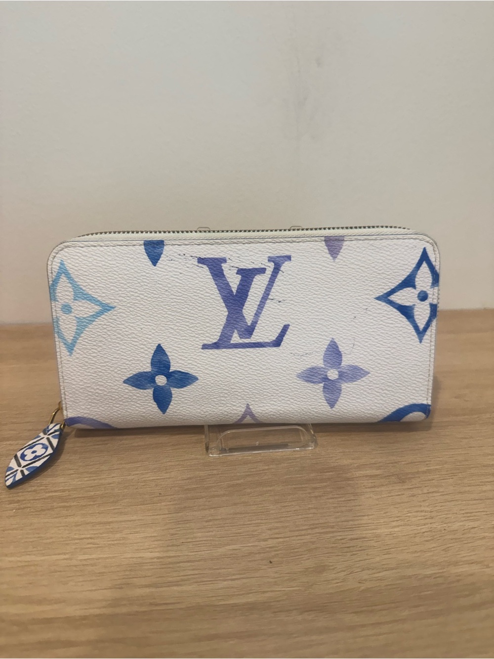 Louis Vuitton White Blue Monogram Zip Around Wallet by the pool print